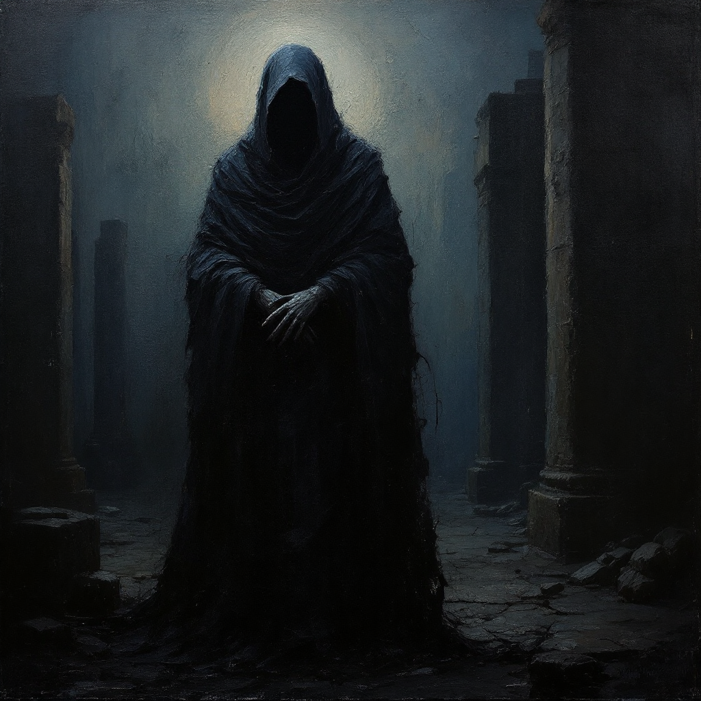 A shadowy figure in a dark cloak stands amidst ancient ruins, symbolizing the notion that we are shaped by history, not its creators. A haunting and contemplative atmosphere envelops the scene.