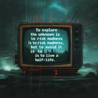 A vintage television set displays a thought-provoking quote about the risks of exploring the unknown versus living a half-life, surrounded by an ethereal, dark backdrop.