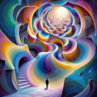 A lone figure stands at the base of a winding, colorful staircase that spirals upward into a swirling vortex of light, symbolizing the complexity and depth of hidden truths in reality.