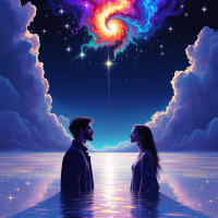 A man and woman stand face to face in serene waters, illuminated by a vibrant galaxy swirling above them, evoking the quote, We shall meet in the place where there is no darkness.