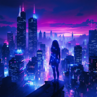 A silhouetted figure stands atop a building, gazing over a vibrant, neon-lit cityscape at sunset, embodying the essence of personal narratives and self-reflection.