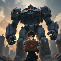 A young figure stands holding a mysterious box, while a towering mech looms behind, symbolizing the heavy cost of loyalty in a chaotic, post-apocalyptic landscape.