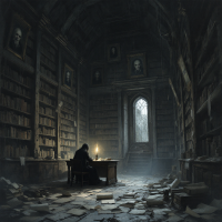 A dimly lit library filled with books, where a figure sits at a desk illuminated by candlelight. Dust and scattered papers reflect the weight of knowledge and its potential consequences.