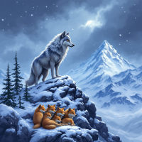 A lone white wolf stands atop a rocky outcrop, gazing over a snowy landscape, while a pack of orange wolves rests together below, embodying the spirit of survival in harsh winter.