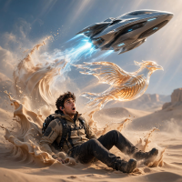 A man sits on sand as a sleek vessel blazes overhead, while behind it, a translucent, fiery bird-shaped ship with metallic gills cuts through the air.