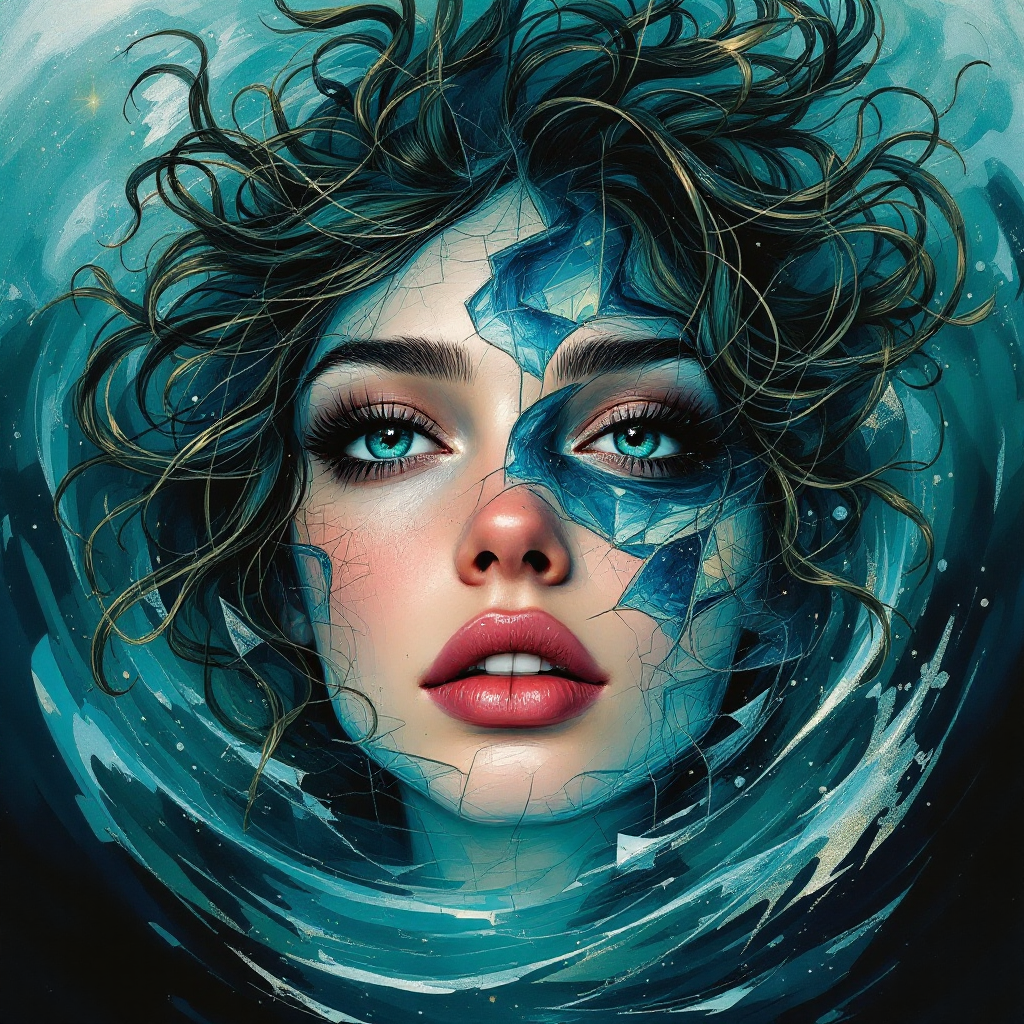 A woman with striking features partially obscured by blue, cracked patterns emerges from swirling water, symbolizing resilience and the struggle for survival against societal standards.