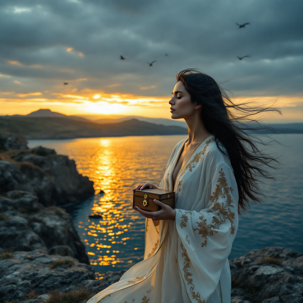 A woman in a flowing white robe stands on a rocky shore, holding a small box, gazing into the sunset, embodying the theme of confronting the past to find peace.