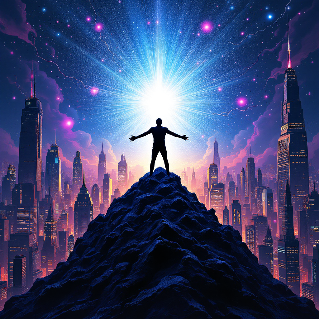 A silhouetted figure stands triumphantly atop a dark mountain, arms outstretched, against a vibrant city skyline illuminated by a radiant, cosmic explosion, embodying the power of the mind as a weapon.