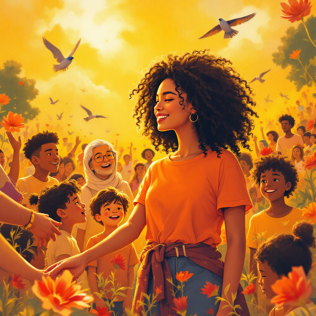 A joyful woman stands in a vibrant field of flowers, surrounded by diverse children and adults, all connected by shared happiness under a warm, golden sky. Birds fly above, embodying unity.