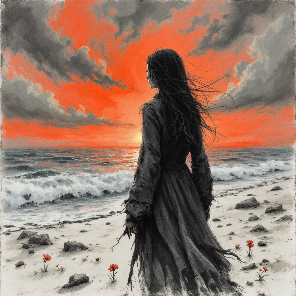 A figure in a dark dress stands on a beach at sunset, gazing at turbulent waves under dramatic orange and gray skies, embodying the tension between fear and self-discovery.