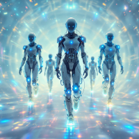 A group of humanoid robots strides confidently through a luminous, swirling backdrop, embodying the spirit of exploration amidst the vast expanse of existence.