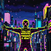 A vibrant, futuristic city skyline is illuminated under a starry sky, with a bold figure in neon colors spreading their arms, embodying the quote about empowerment and self-belief.