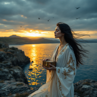 A woman in a flowing white robe stands on a rocky shore, holding a small box, gazing into the sunset, embodying the theme of confronting the past to find peace.