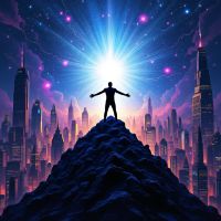 A silhouetted figure stands triumphantly atop a dark mountain, arms outstretched, against a vibrant city skyline illuminated by a radiant, cosmic explosion, embodying the power of the mind as a weapon.