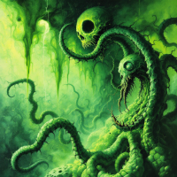 A surreal, green-hued scene depicting twisted tentacles and skulls emerging from a shadowy abyss, evoking the quote: Reality is but a thin veil upon the unfathomable depths of insanity.