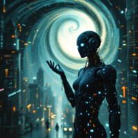 A futuristic, humanoid figure stands in a neon-lit city, gesturing toward a swirling vortex, symbolizing the spread of ideas as powerful as a virus in a digital age.