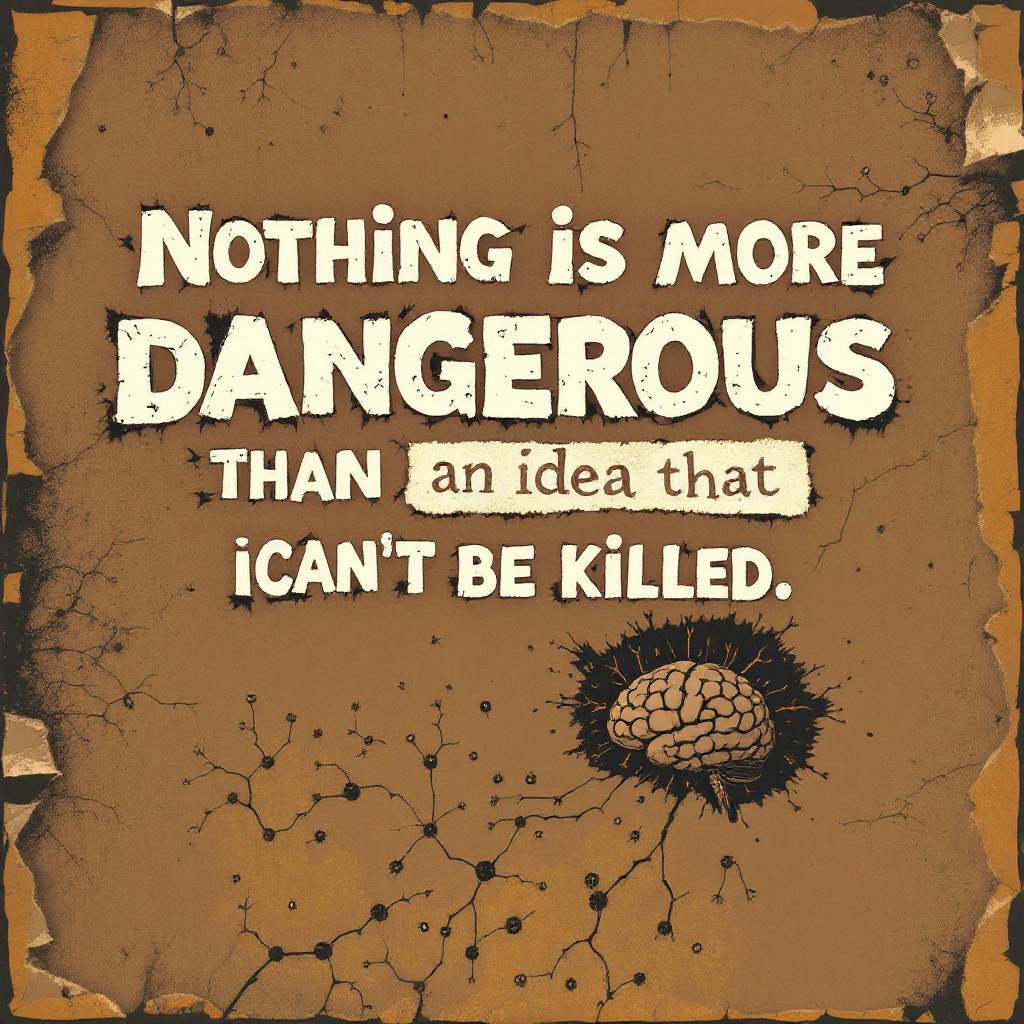 Text on a weathered background reads, Nothing is more dangerous than an idea that can't be killed, accompanied by a stylized illustration of a brain.