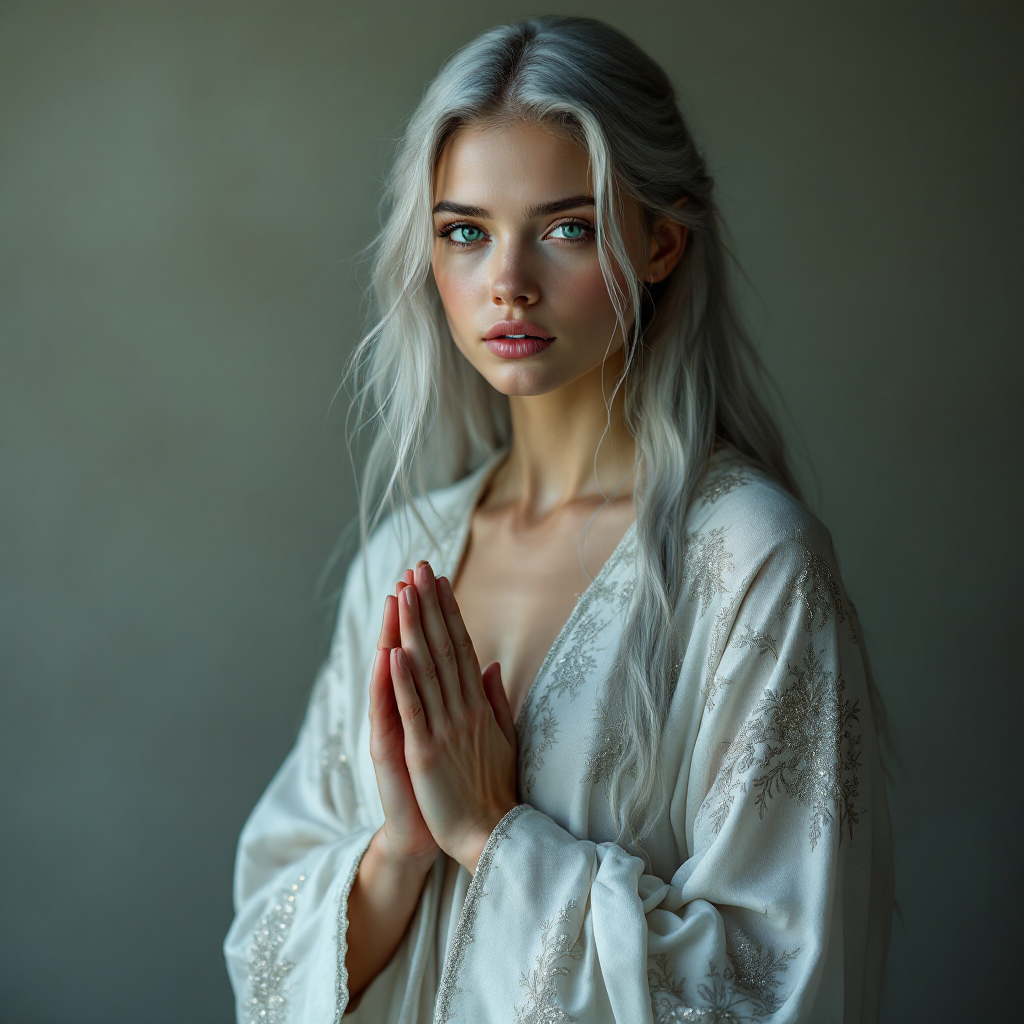 A serene young woman with long, silver hair, wearing a flowing white robe, stands with her hands clasped in prayer, exuding a sense of trust and purpose.