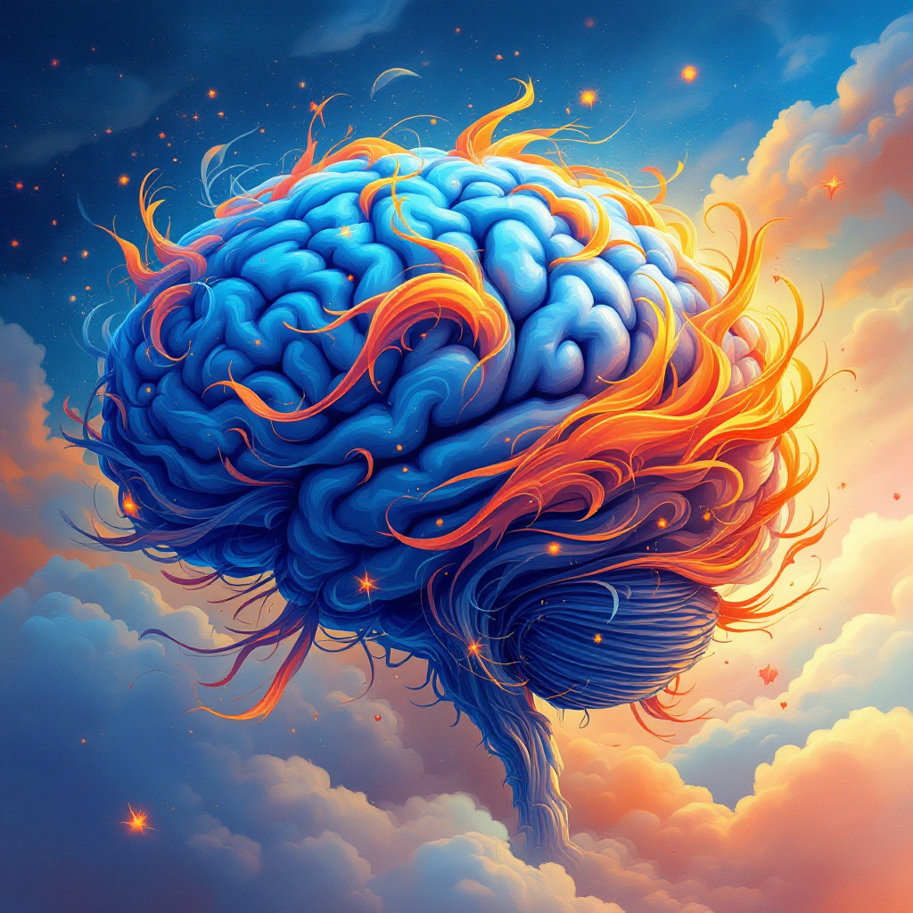 A vibrant, surreal brain with fiery tendrils emerges from fluffy clouds, symbolizing the powerful human ability to create and believe in imaginative fictions.