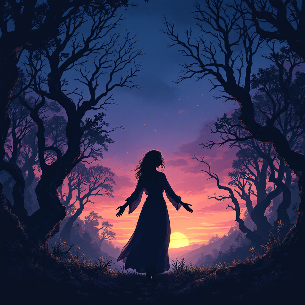 A silhouette of a woman stands with outstretched arms in a dark forest, illuminated by a vibrant sunset, embodying the quote about hope as a guiding light in darkness.