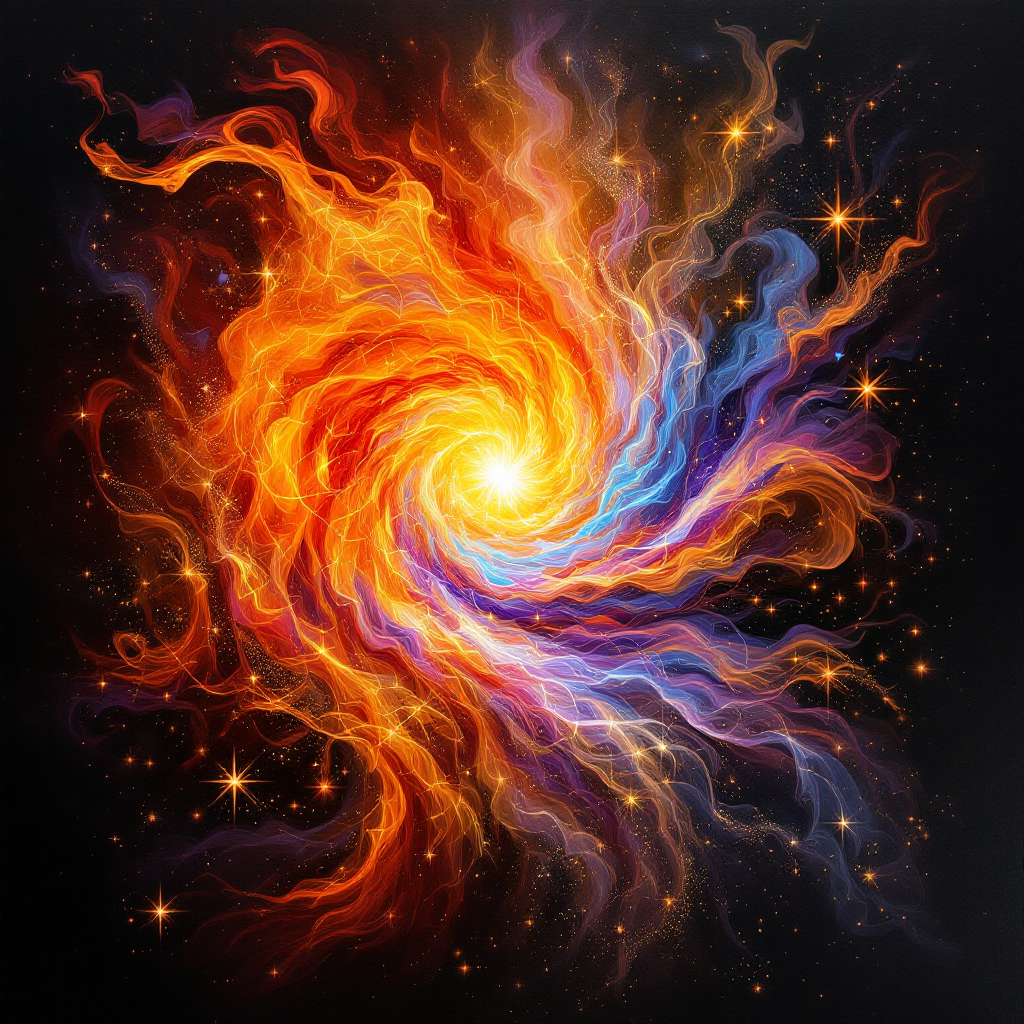 A vibrant, swirling galaxy of fiery orange and deep blue hues, radiating energy and light, symbolizing unexpected memories and the beauty of the unknown.