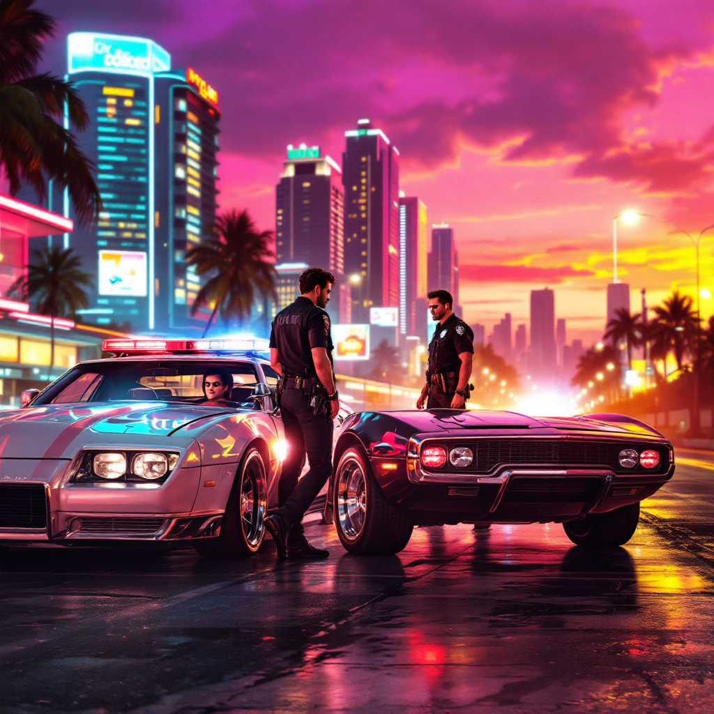 A vibrant urban scene at dusk, featuring two police officers beside vintage cars, illuminated by colorful city lights, reflecting the tension of innocence versus guilt.