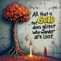 A vibrant tree with autumn leaves stands beside a glowing sword in the ground, featuring the quote: All that is gold does not glitter, not all those who wander are lost.