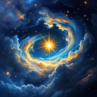 A vibrant cosmic scene with swirling blues and golden hues, depicting a radiant star at the center, embodying the potential and mystery of the universe.