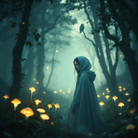 A cloaked figure stands in a misty forest, surrounded by glowing mushrooms and ethereal lights, embodying the sentiment of choosing friends over family. A solitary owl watches from a branch above.