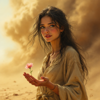 A woman stands in a dusty landscape, holding a delicate pink flower, embodying strength and grace amidst chaos, reflecting the quote, Love is not a weakness, it is a strength.