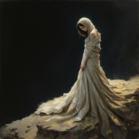 A weary figure draped in a flowing, light-colored gown stands on a rocky ledge, embodying the heaviness of the world against a dark, shadowy background.