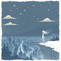 A figure stands on a cliff, gazing at a starry sky above a cityscape, embodying the choice between fear and aspiration in a serene, dreamlike atmosphere.