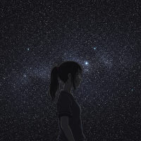 A lone figure gazes up at a vast, star-filled night sky, embodying the humbling vastness of the universe and the fleeting nature of human life.