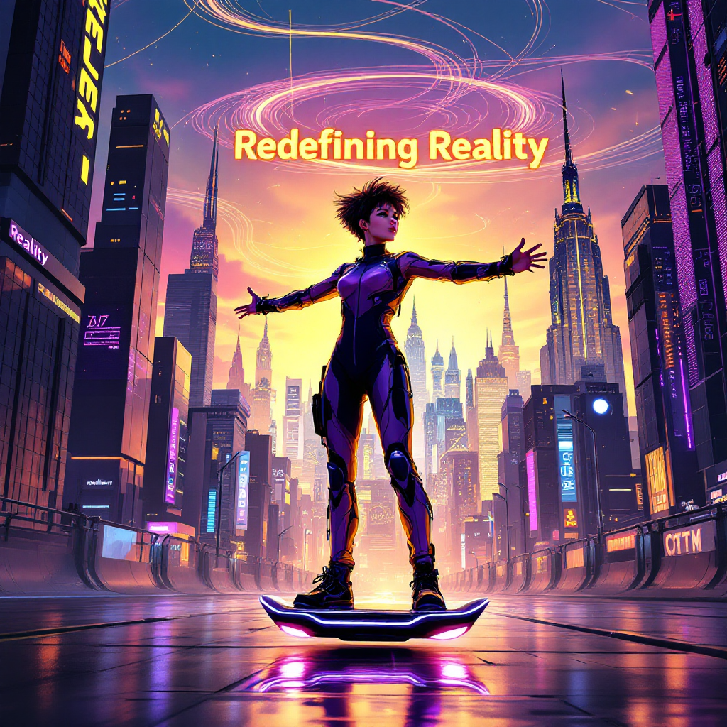 A figure stands confidently on a hoverboard in a vibrant, futuristic city, with skyscrapers bathed in colorful lights and the phrase Redefining Reality above, embodying adaptability and innovation.