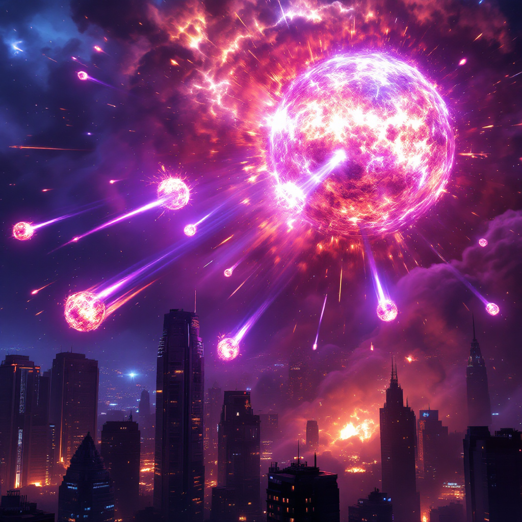 A vibrant explosion lights up a futuristic city skyline, with fiery projectiles cascading through the sky, reminiscent of a fierce battle with advanced weaponry.