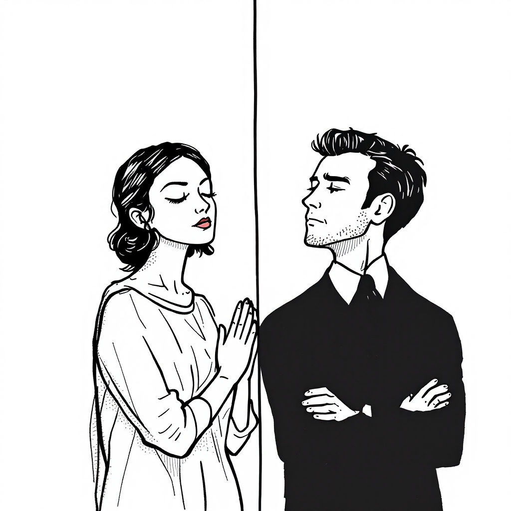 A woman with clasped hands and a pensive expression stands on the left, facing a man with crossed arms and a confident look, separated by a vertical line, symbolizing isolation and misunderstanding.