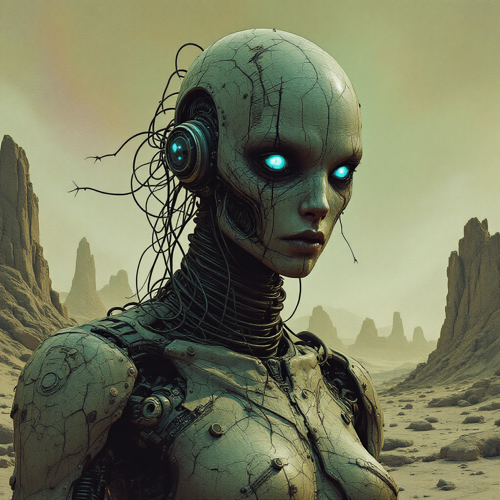 A humanoid robot with glowing blue eyes and exposed circuitry stands in a desolate landscape, embodying the quote about human flaws and the complexities of existence.