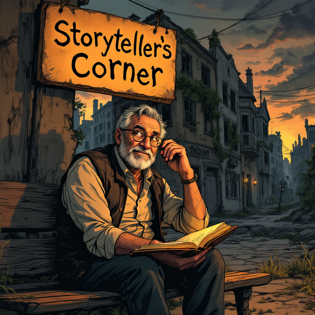 An elderly man sits thoughtfully on a bench under a sign that reads Storyteller's Corner, holding a book as the sun sets over an abandoned street, embodying the essence of storytelling.