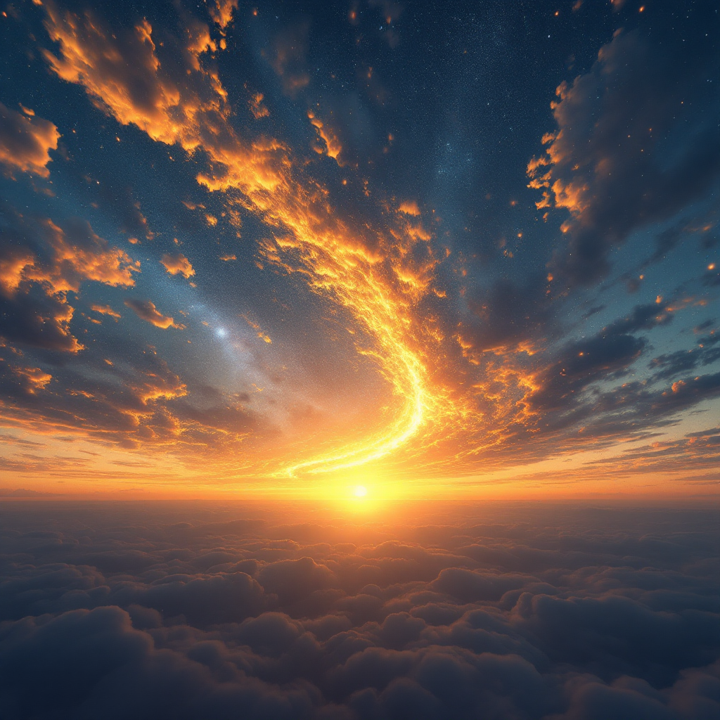 A breathtaking sky at dusk, featuring a glowing arc of reddish hues and layered clouds, creating the illusion of multiple sunsets flickering across the horizon.