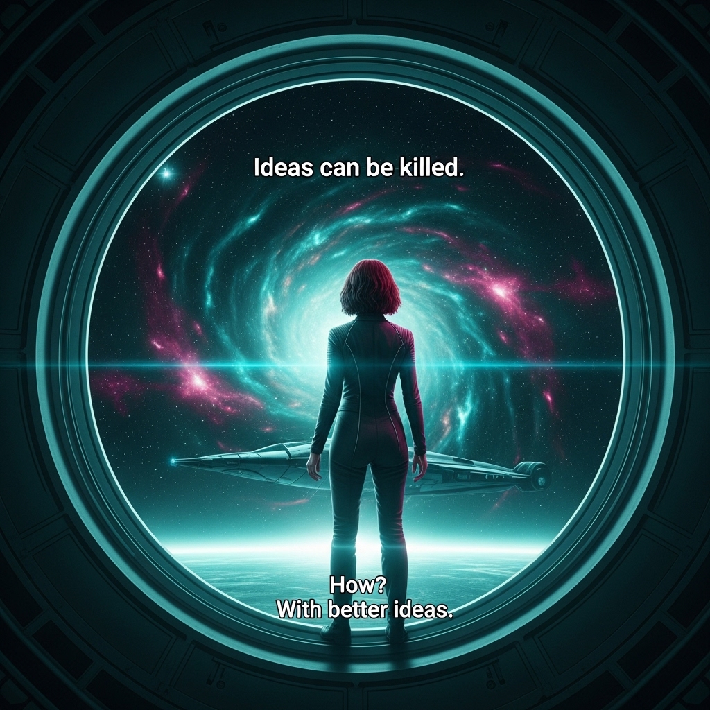 A figure steps confidently into a glowing vortex, framed by a circular airlock, with the quote Ideas can be killed. How? With better ideas. displayed above and below.