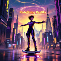 A figure stands confidently on a hoverboard in a vibrant, futuristic city, with skyscrapers bathed in colorful lights and the phrase Redefining Reality above, embodying adaptability and innovation.