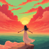 A woman in a flowing white dress stands on a rocky ledge, arms outstretched toward a vibrant sunset filled with pink and orange clouds, embodying hope amidst despair.