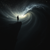 A silhouetted figure stands on a precipice, gazing into a swirling cosmic vortex, symbolizing the revelation of hidden truths as inspired by the quote about darkness and light.