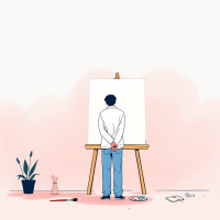 A figure stands with their back to a blank canvas, pondering their artistic potential. A plant and scattered art supplies surround them in a softly colored space.