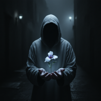 A hooded figure stands in a dimly lit alley, gently cradling a white flower in their hands, symbolizing the unfulfilled opportunities of good actions not taken.