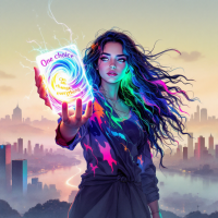 A woman with vibrant, flowing hair holds a glowing orb with the text One choice can change everything, against a city skyline at sunset, illustrating the power of decisions.