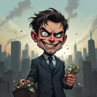 A cartoonish character in a suit grins maniacally, holding cash and a briefcase, set against a city skyline, embodying the quote about becoming what one despises to survive.