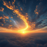 A breathtaking sky at dusk, featuring a glowing arc of reddish hues and layered clouds, creating the illusion of multiple sunsets flickering across the horizon.