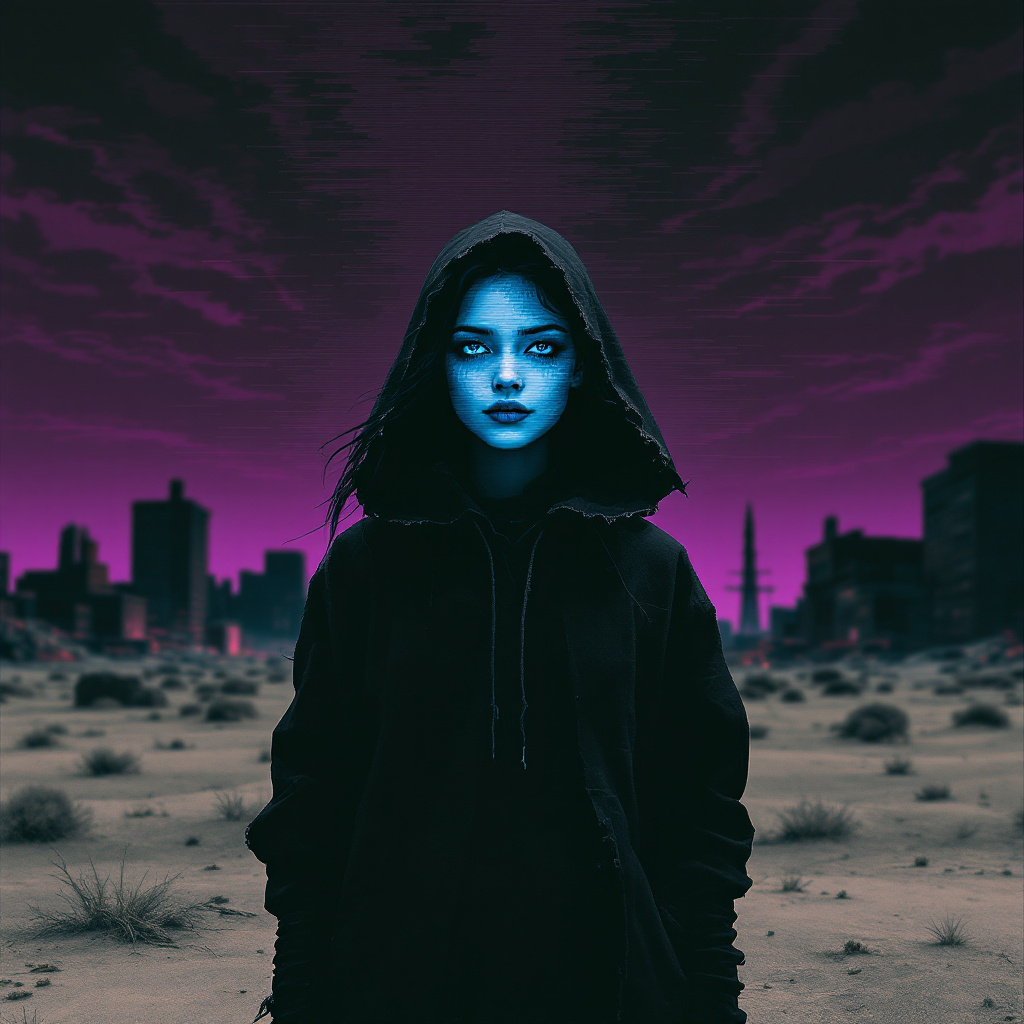 A figure with blue-lit skin stands in a desolate landscape, wearing a dark hoodie. The backdrop features a purple sky and silhouetted cityscape, evoking themes of beginnings and journeys.