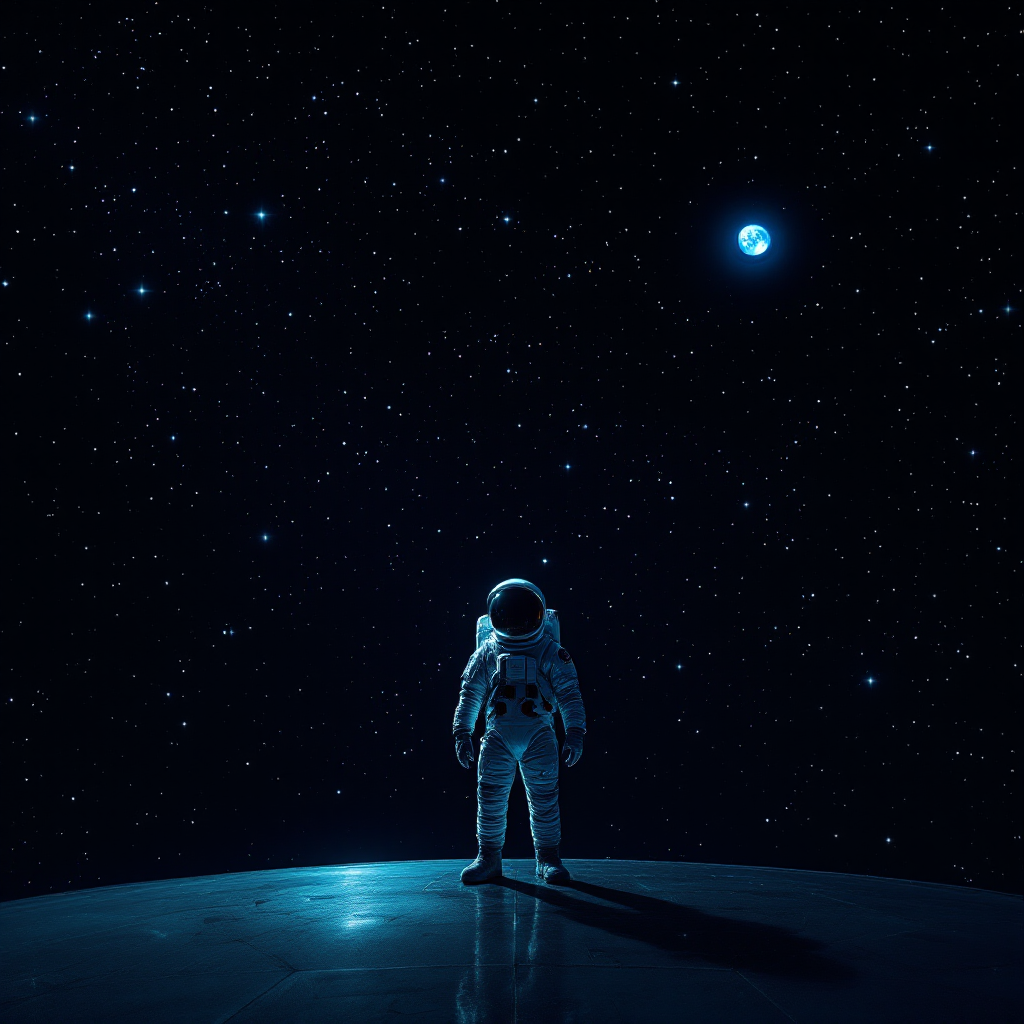 An astronaut stands on a dark, barren landscape, gazing up at a starry sky filled with unflickering stars, one glowing dot representing Earth among them.